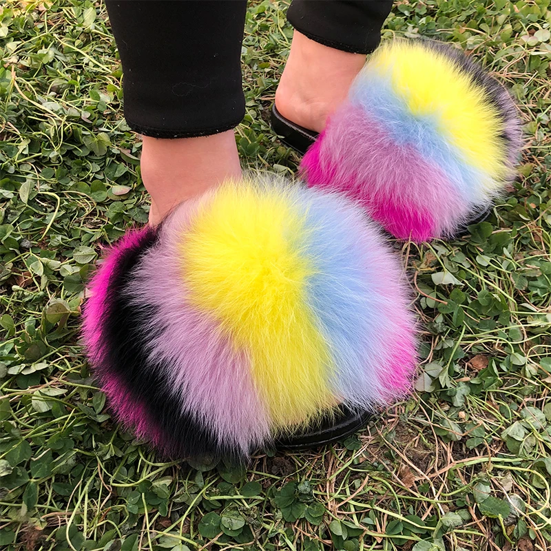 
New Desgin Fox Fur Slippers Kids Fashion Rainbow Fluffy Real Fox Fur Slipper Cute Children Outdoor Slides 