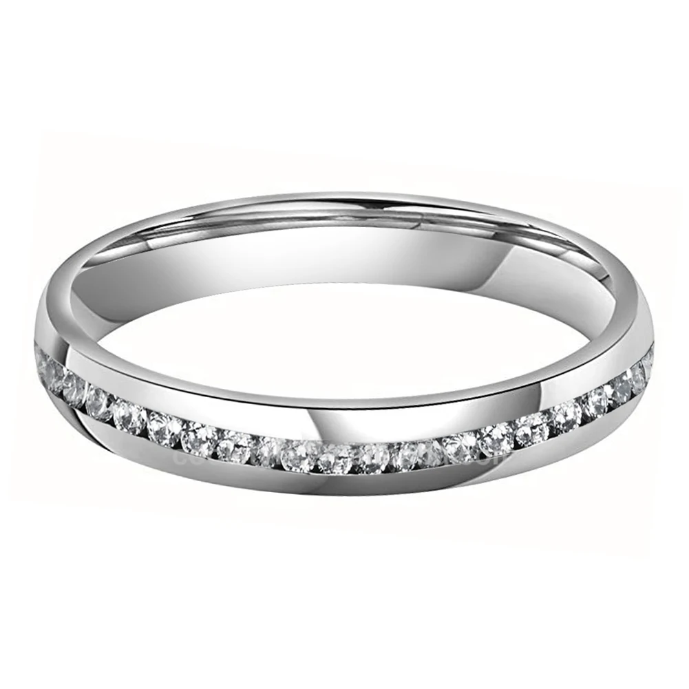 
4mm Women Stainless Steel Ring Eternity Wedding Engagement Band Polished Shiny Domed Sparking Cubic Zirconia Inlay Comfort Fit 