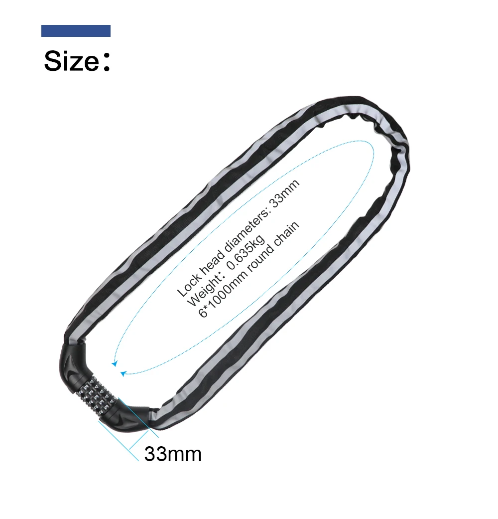 Bike Lock Heavy Duty Security Anti-Theft Bicycle Chain Lock with Reflective Strips with 5digit combination lcok