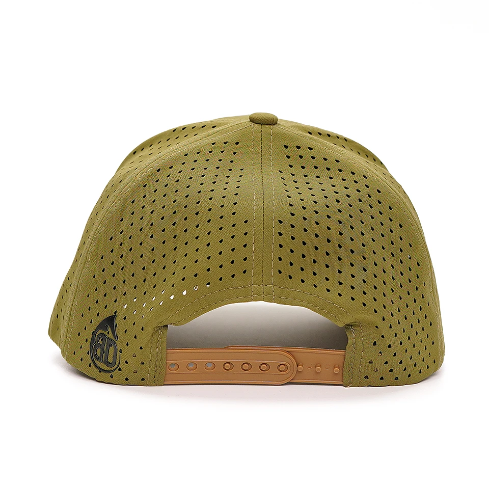 custom 6 panel rubber patch  dry fit mens gorras snapback cap laser-boring nylon performance golf hat wholesale