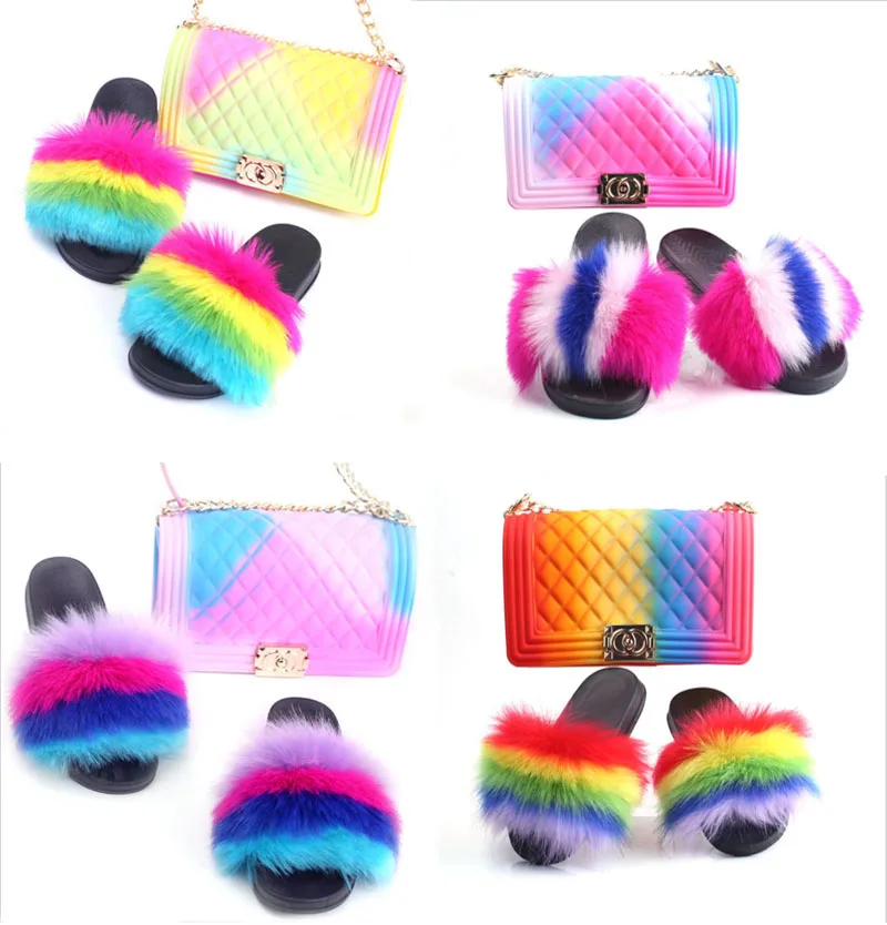 FREE SHIPPING Bags and shoes Fur Shoes and Bags Match Women Fashion Slides Slippers for Ladies 2021 New Arrival Sandal and Bag