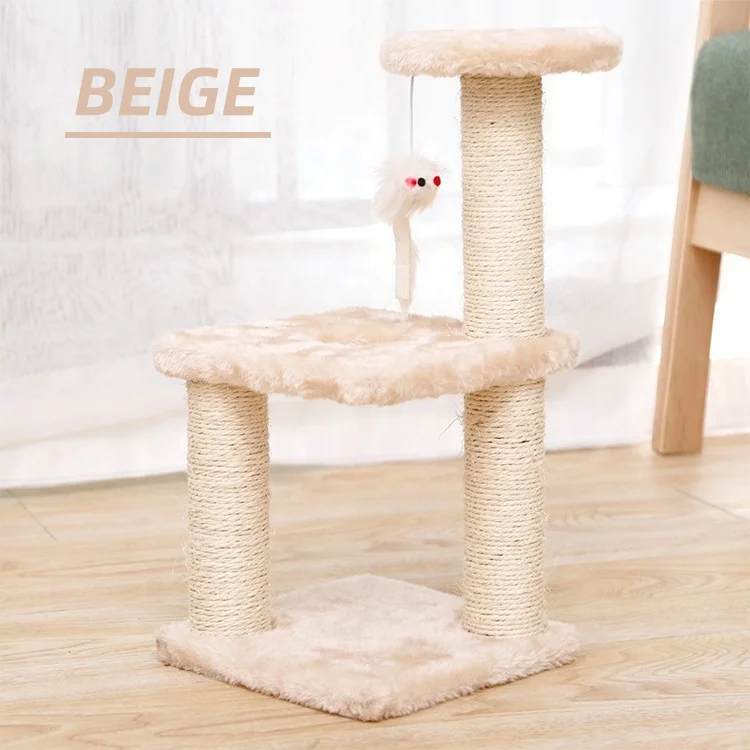 Multi-Level  Faux Fur Hemp Rope Sisal Wooden Cat Tree With Playing Mouse Toy