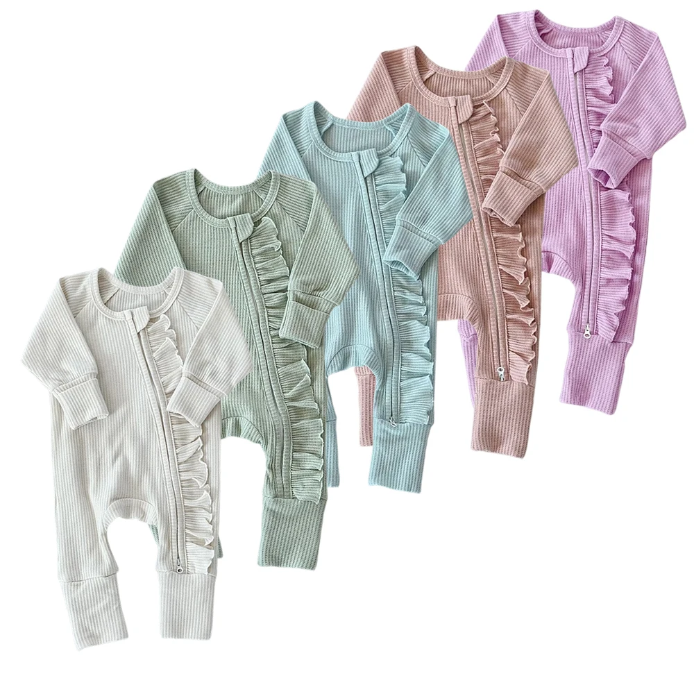 waffle knitted baby rompers sibling  zipper footed baby onesie long sleeve winter ruffle reversible long sleeve baby rompers