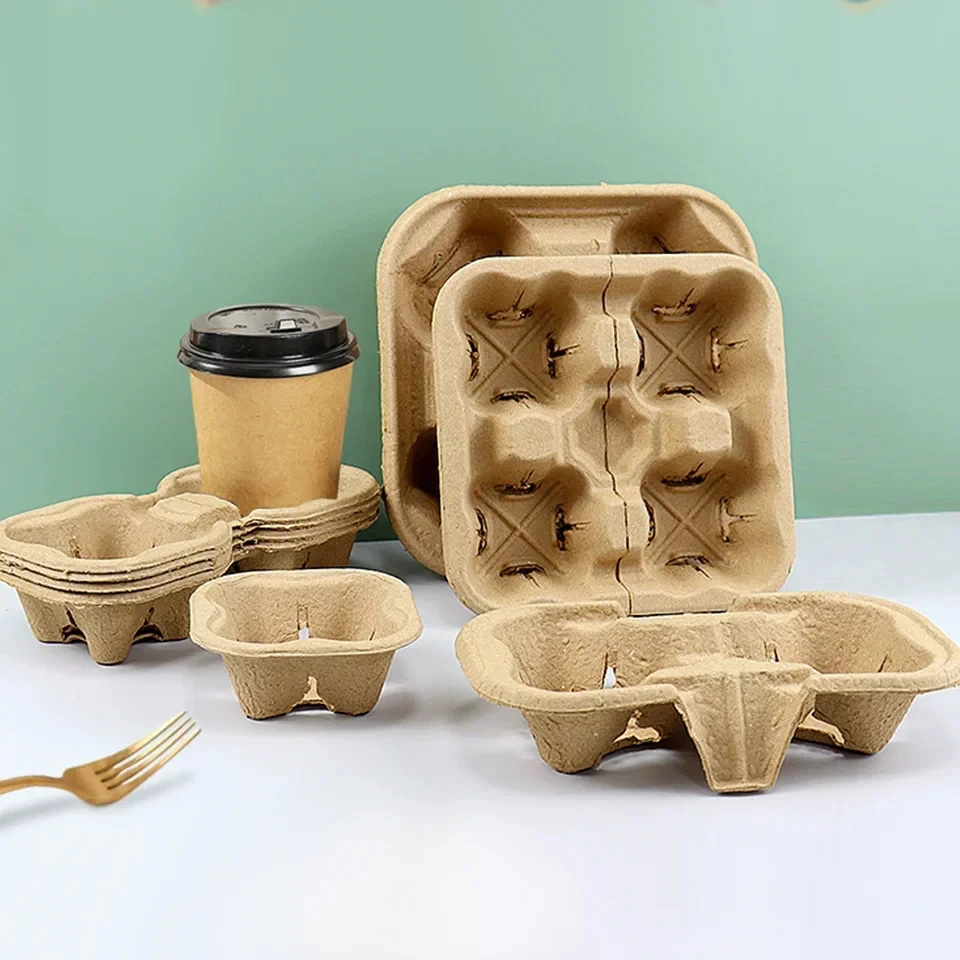 Paper Pulp Tray Foldable Kraft Corrugated Cardboard Retractable 4 Cup Disposable Sleeve Coffee Cup Holder Foldable Cup Carrier