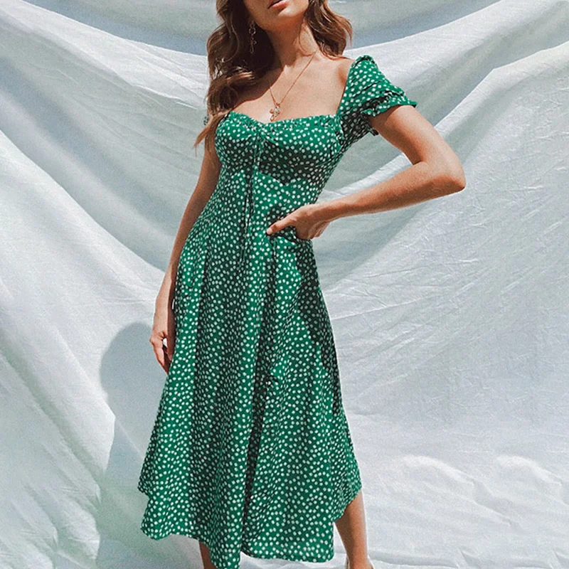 PRETTY STEPS 20202020 Women Summer Bohemian Square Collar Elegant Sexy Print Short Sleeve Casual Beach Green Long Maxi Dress