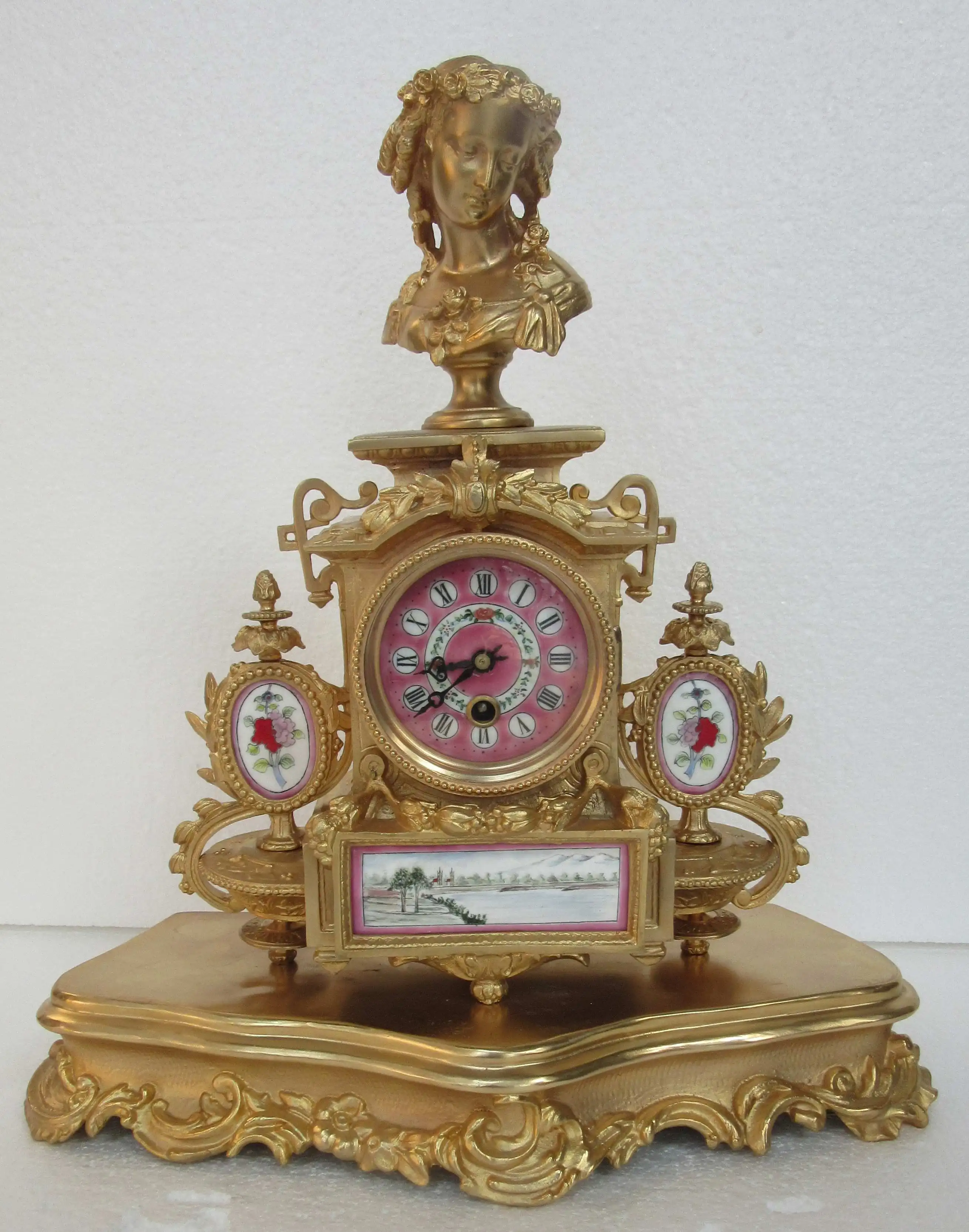 (24K Gilt) Antique Imitated French Cast Brass Figure Statue a Girl Head on the Mechanical Vintage Boulle Table Clock