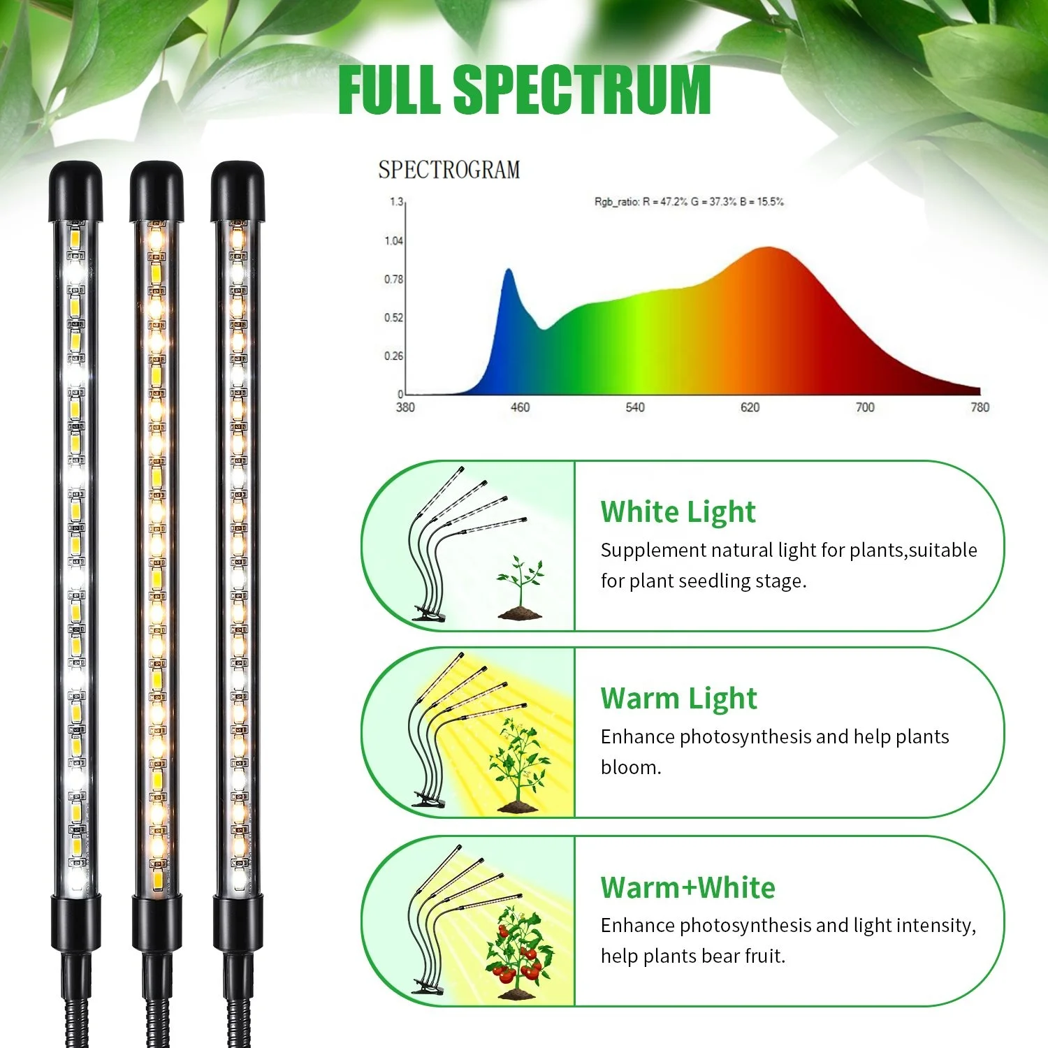 Прикрепляющееся светодиодное лампы для роста растений с адаптером селфи-стик LED Grow Light 3000K + 6000K полный спектр в помещении