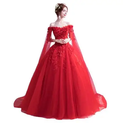 Bride Married Banquet Red Evening Dress Boat Neck Cape Lace Flower Long Prom Party Formal Gown