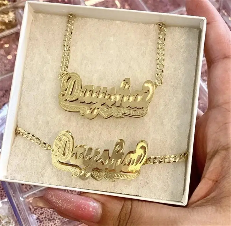 DIY Personalized Stainless steel Carved Name Necklace Custom Double-Llayered 3D Name Carving Necklace