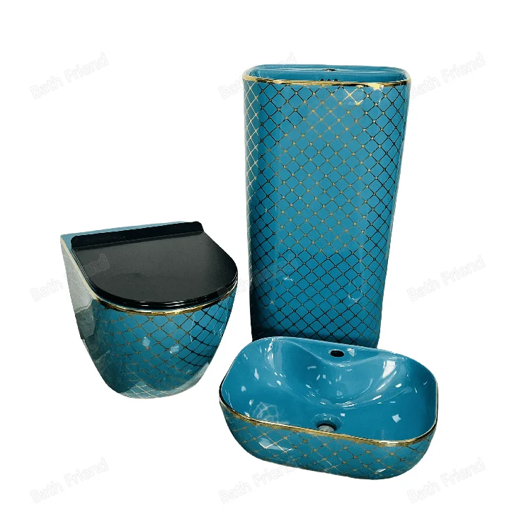 Villa Club Hotel top choice Luxury shinny blue color electroplating WC basin set ceramic bathroom toilet and pedestal basin