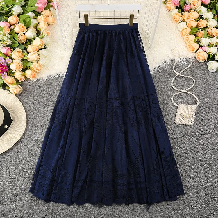 Wholesale Women Long Maxi Lace A-line Skirts New High Quality Elastic Waist Ladies Skirts Korean Style Elegant Skirts