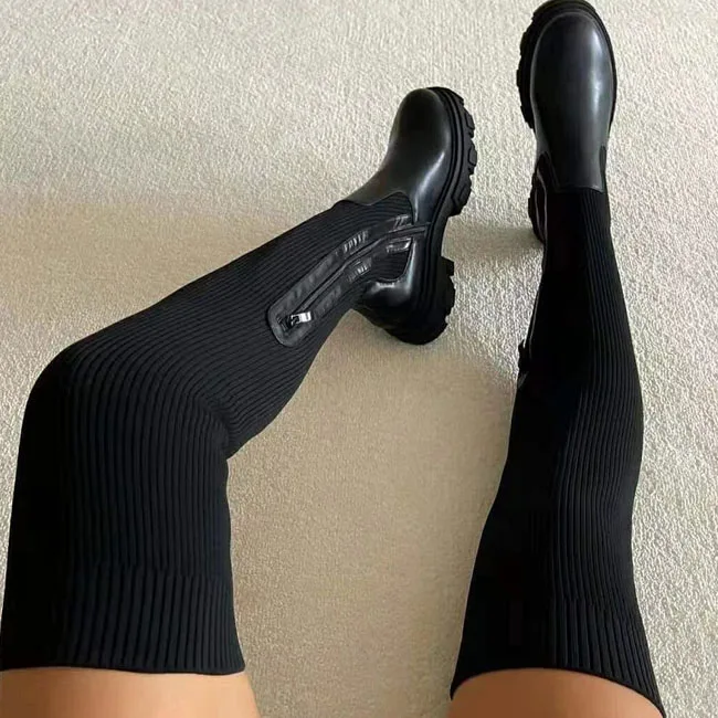 Fashion Ladies Winter Wide Knitting Calf Boots Party  Platform Heel Boots Sexy Women Knee High Boots Wholesale