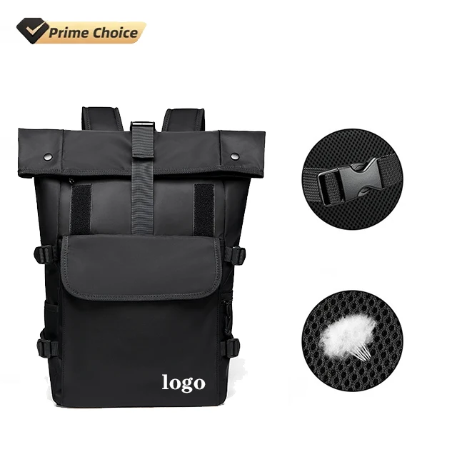 BSCI custom Luxury roll top backpack office computer bag laptop backpackp Leisure black nylon laptop unisex rolltop backpack