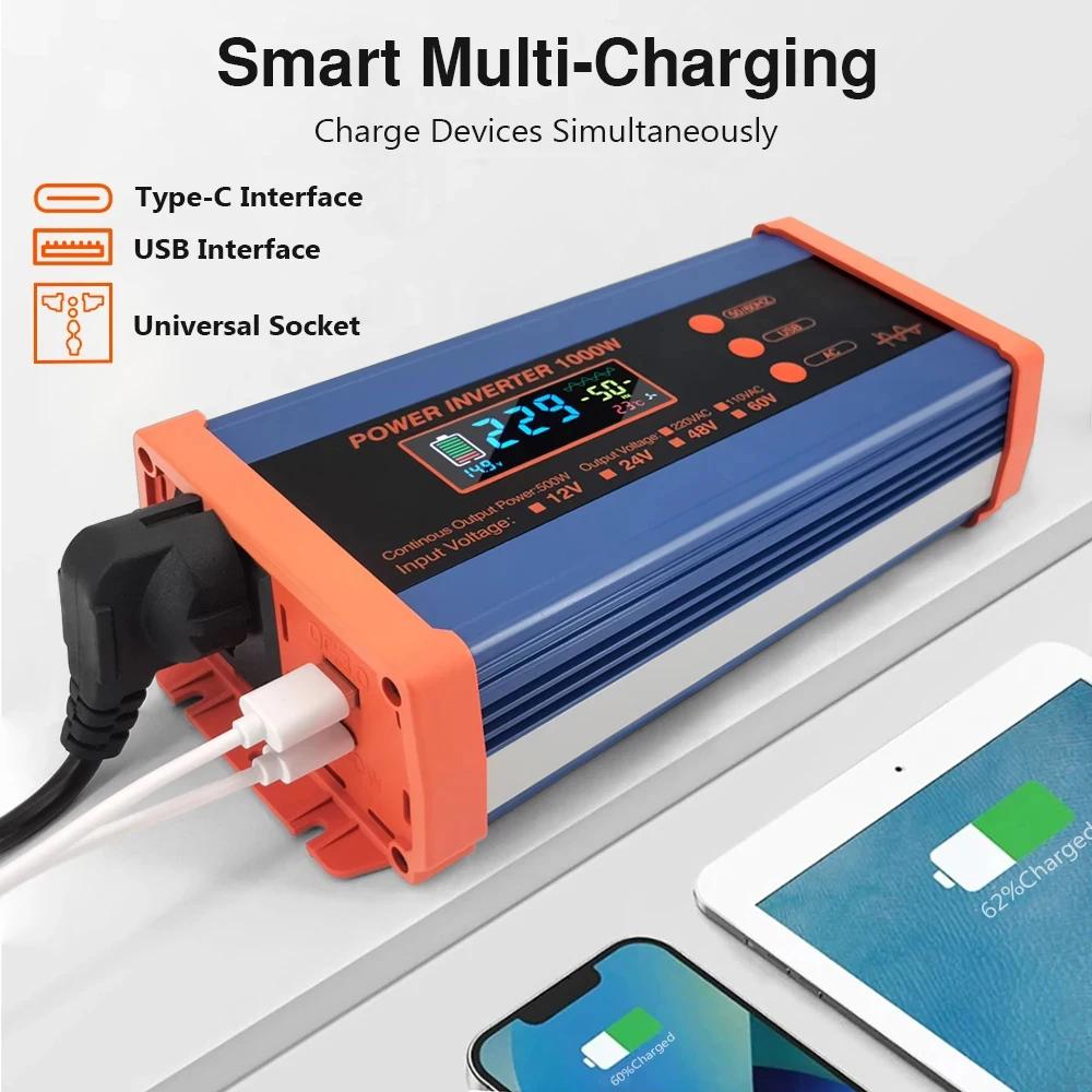 Car Pure Sine Wave Inverter DC 12V 24V To AC 220V 1000W Voltage Transformer Power Converter Solar Inverter With LED Display