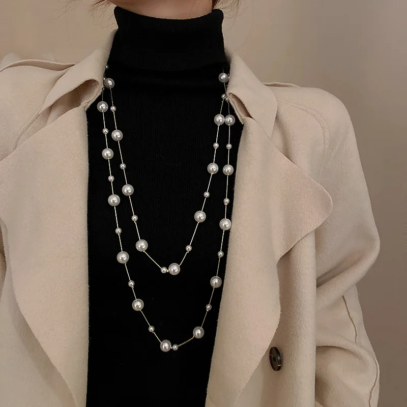 JUHU new trendy fashion niche high-end temperament clavicle chain Korean version long retro stacked belt pearl necklace female