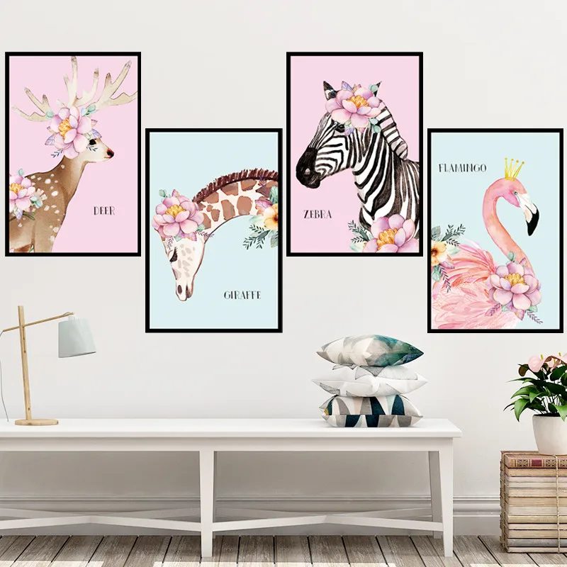 Cute Animals With Pink Flowers Wall Mural Zebra Giraffe Flamingo Wallpaper Home Decor Living Room Bedroom Removable Stickers