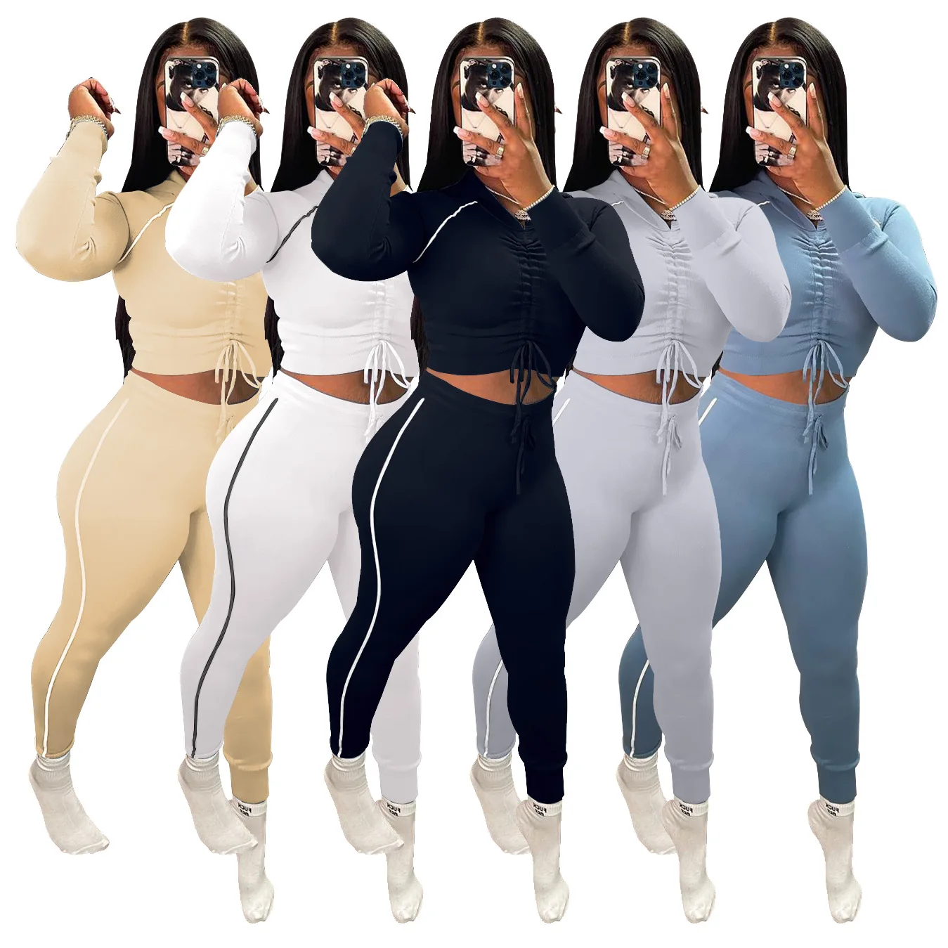 2021 New Fall Solid Drawstring Hooded 2 Piece Set Stretched Tight Sport Suit Women Casual