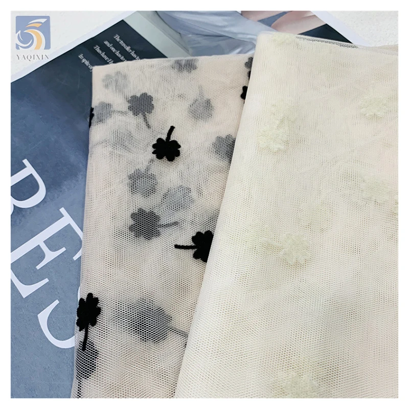 Competitive Price Flock Tulle Net Fabric Dress Model Latest Black French Small Floral Flocked Tulle Mesh Lace Fabric