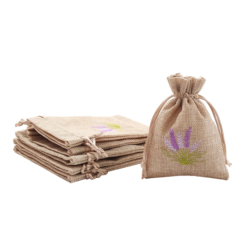 Wholesale Drawstring Sachet Empty Bags Herbal Flax Seed Lavender Wheat Linen Burlap Bag Lavender Pattern Burlap Gift Bag