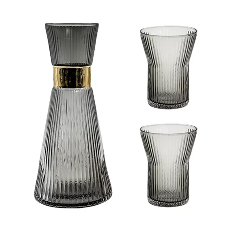 Unique High Ball Vintage Ribbed Juice Cocktail Whiskey Glass and Glass Liquor Decanter Set for Wedding Party