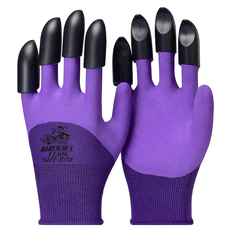 2022 China Manufacturer Purple Latex Coated Digging Work Garden Gloves With Fingertips Claws