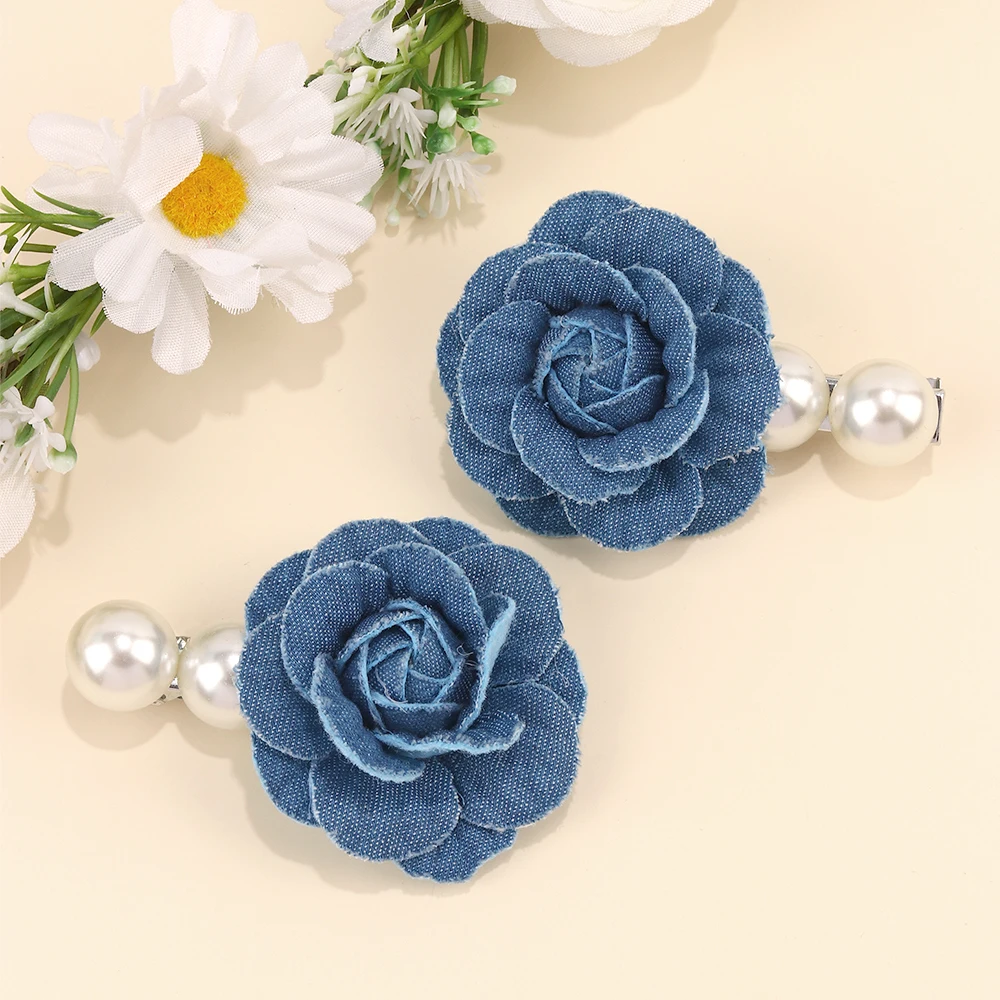 CN Fashion Denim Fabric Big Flower Bow Clip Pearl Camellia Flower Hair Clip for Women Girls