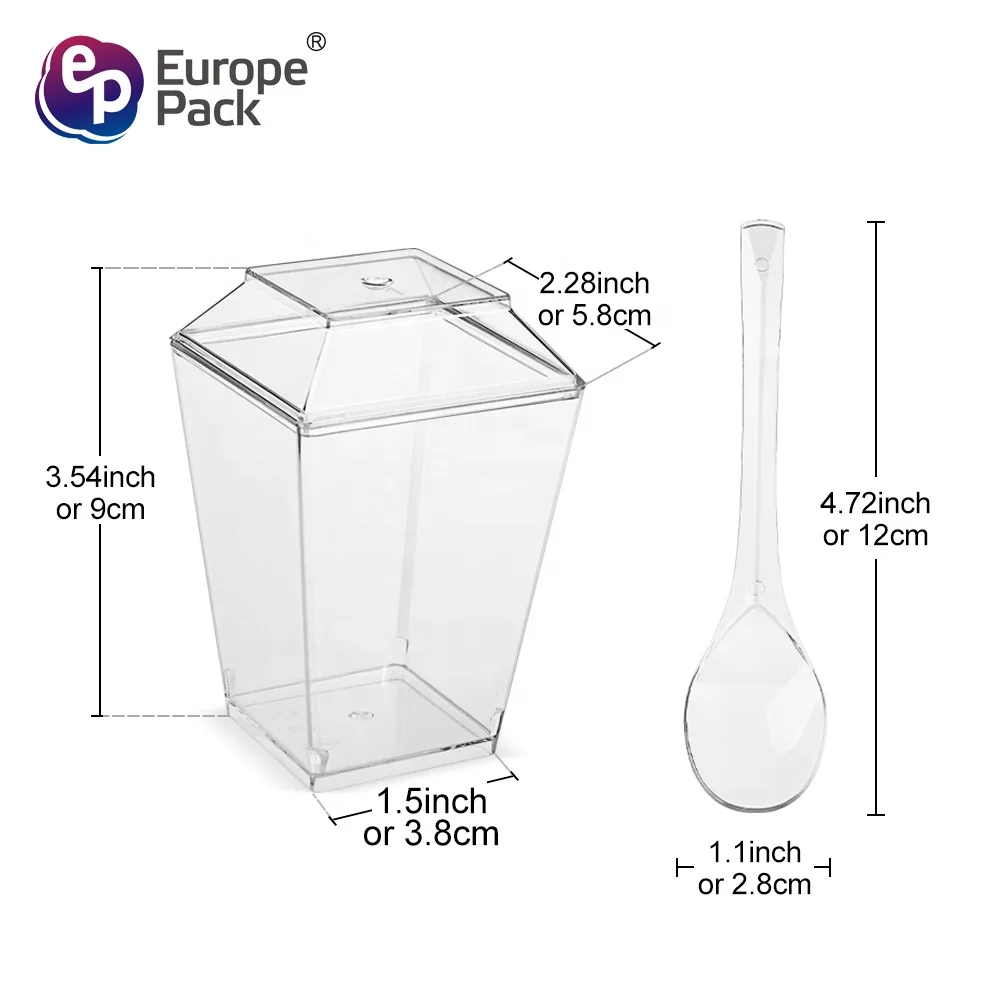 Party Supplies Square Clear 5oz Plastic Mini Dessert Ice Cream Cups with Lids and Spoons