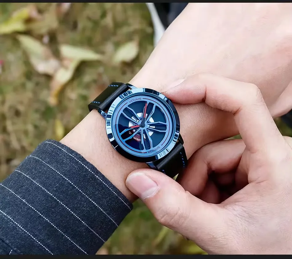Sanda Rotating Car Wheel Dial Sports Watch Quartz Wristwatch Men Stainless Steel Case Leather Band Watch Relogio Masculino 1010