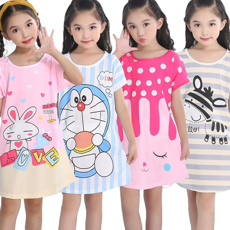 Wholesale Cute Cartoon Summer Girls Wear Thin Short-sleeved Pajamas Nightdress Kids Girls Lovely Indoor Home Dress Sleepwear