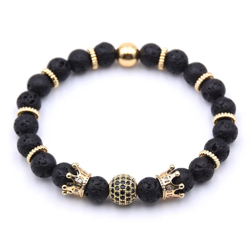 European DIY Custom Handmade Jewelry Elastic Natural Red Tiger Eye Stone Black Zircon Ball CZ Crown Beaded Bracelet