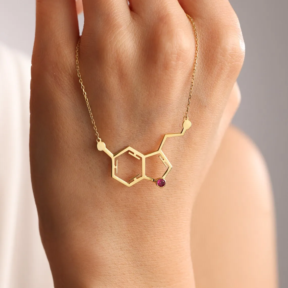 Best Seller Molecule Chemistry Pendant With Birthstone Gold Necklace Stainless Steel Science Jewelry Plated Serotonin Necklace