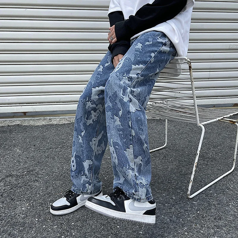 Autumn and winter American street camouflage jacquard jeans men loose straight trend teen student pants