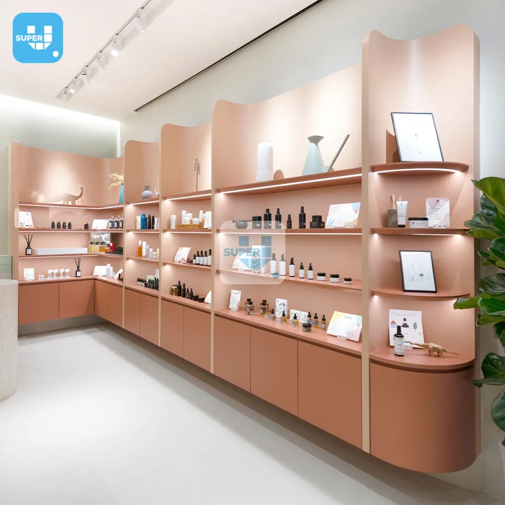 Retail Custom Lighting Perfume Wooden Nail Polish Display Shelf Modern Cosmetic Wall Mounted Display Cabinet for Skincare Store