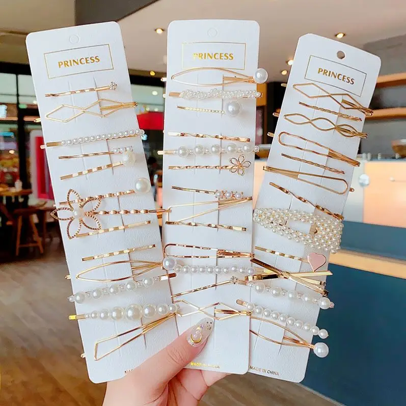 Fashion Korean Alloy Simple Glitter Pearl Bangs Clip Females Tailored Hair Accessories Gold Sets