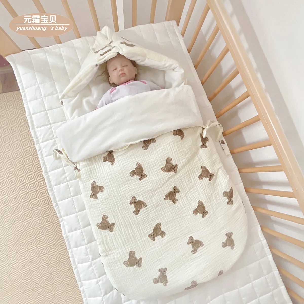 Yuan Cream Baby Quilt 100% Cotton Knitted Gauze Plush Sleeping Bag Dual-Use for Newborns 0-2 Years Thickened for Autumn Winter