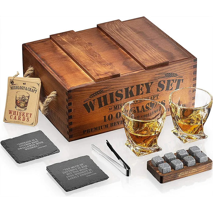 Whiskey Stones Gift Set for Men | Whiskey Glass and Stones Set with Rustic Wooden Crate, 8 Granite Rocks Wood Art & Collectible