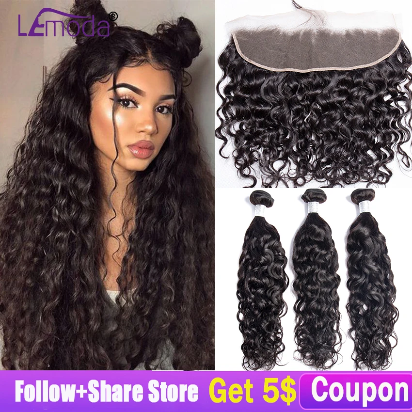 Lemoda 9-14A Grade Raw India Cuticle Aligned Virgin Mink Brazilian Remy Hair Weave Water Wave Human Hair Bundles With Closure