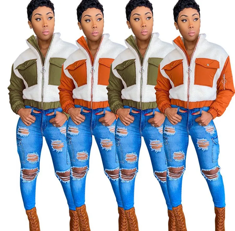 Stand Collar Long Sleeve Fleece Cropped Jackets Zipper Pockets Plush Coat Casual Color Block FurryShort winter jacket Outerwear