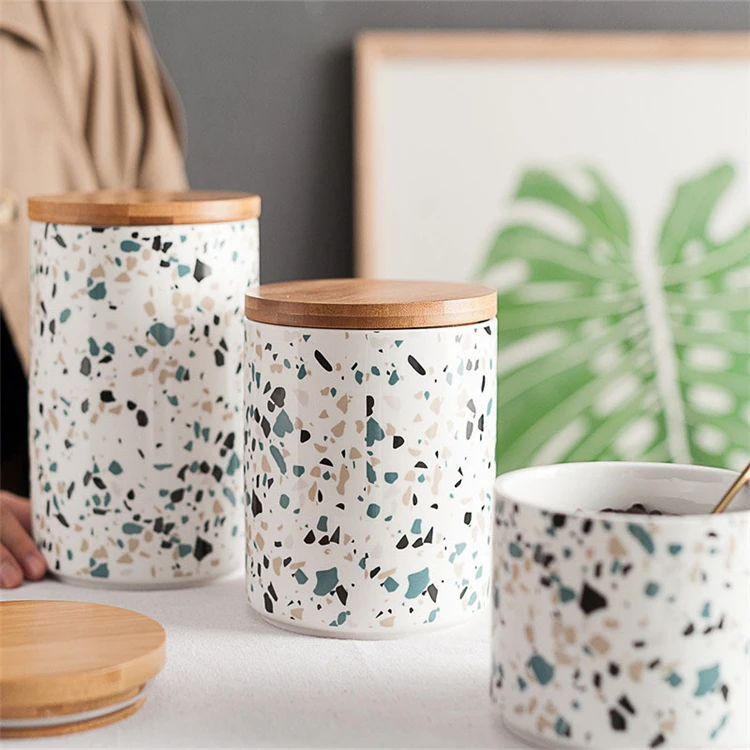 European terrazzo sealed food container coffee bean cookie ceramic storage jars with bamboo lid