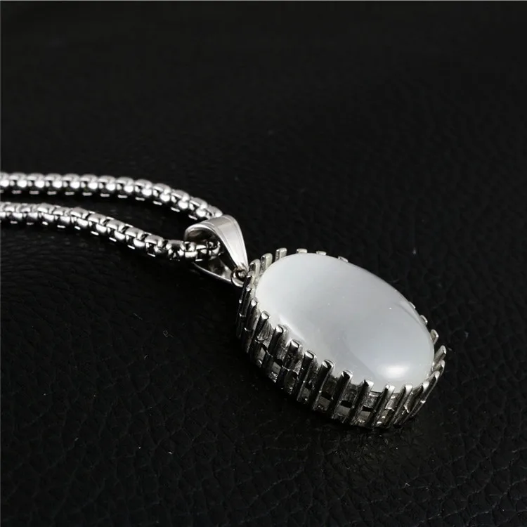Fashion jewelry green yellow blue cat eye stone oval shape silver stainless steel pendant necklace with chain