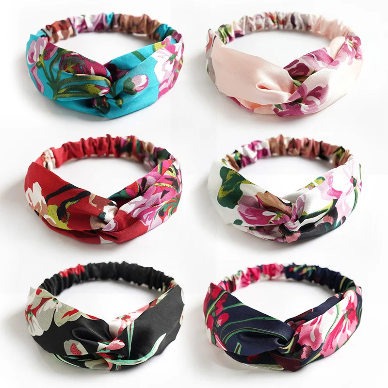 Wholesale Satin Knot Elastic Hair Band Colorful Vintage Twist Knot Women Headband Bohemian Cross Parent-child Style Head Band