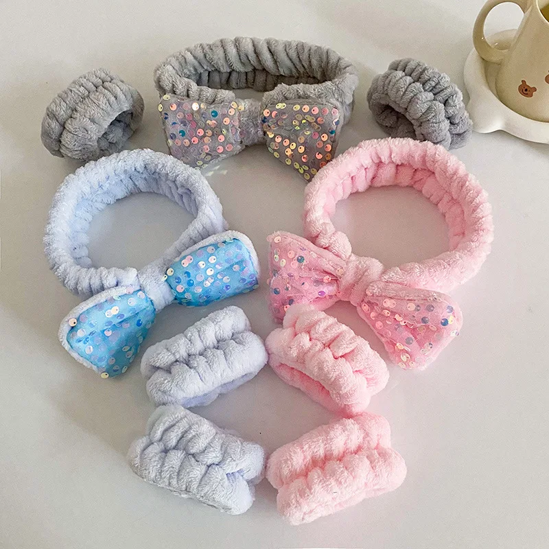 OEM Korean Sequined Bow Hair Ties Wristband Flannel Wide Brim Plush Elastic Hair Bands Women Face Wash Headbands Wrist Band