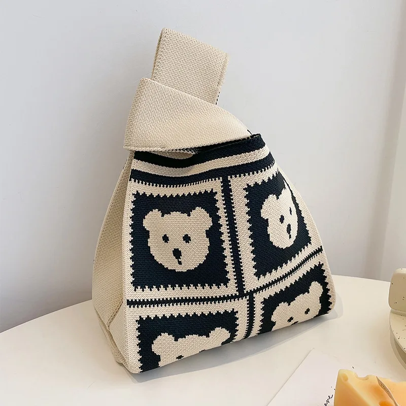 Fashion Little Bear Knitted Handheld Tote Bag Outgoing Portable Storage Bag Korean Solid Shoulder Bag for Women