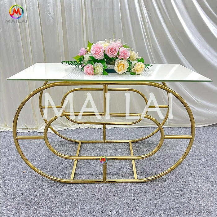 New Design Wedding Stainless Steel Gold base Glass Top Rectangle Dining table for event
