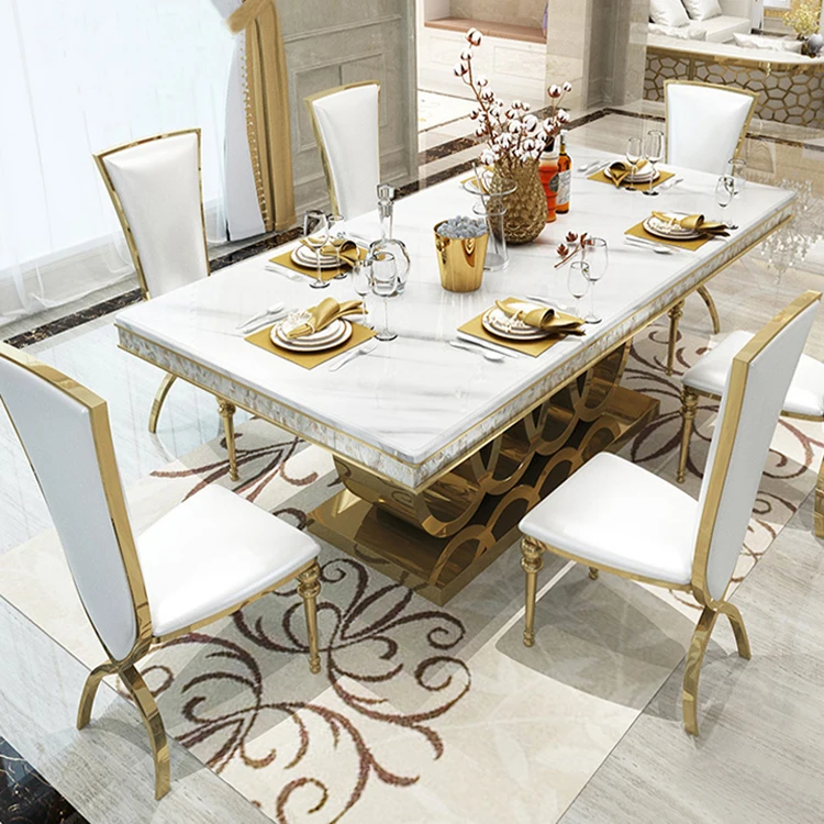 Contemporary UK DUBAI Royal furniture italian design gold stainless steel marble top rectangle big dining table 10 seater set