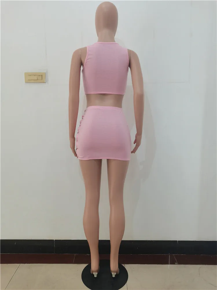 Summer 2021 New Women Fashion Sexy Bandage Chain Crop Top And Mini Skirts Two Piece Set Outfits
