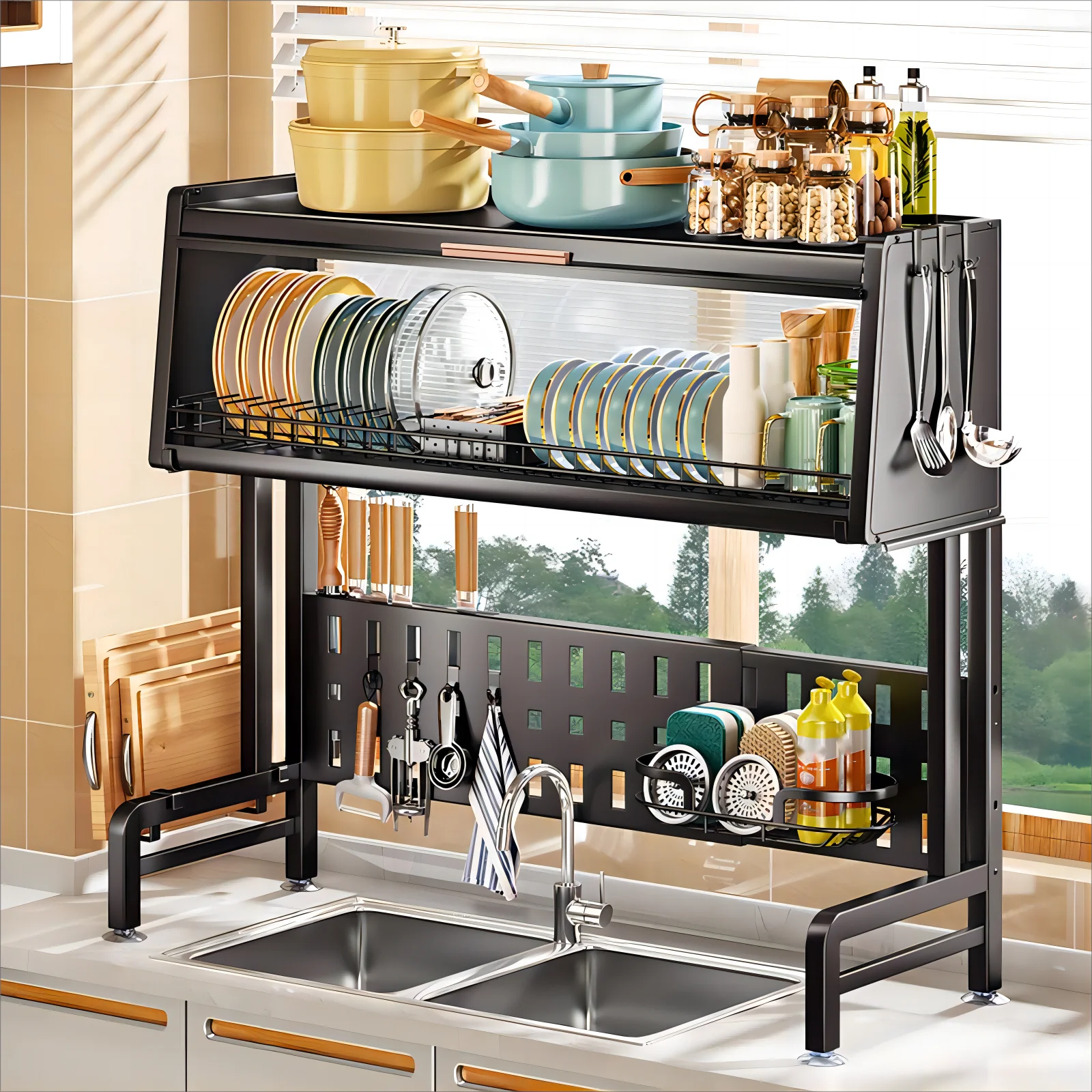 Modern Multifunctional Metal Kitchen Plate Storage Shelf with Cover