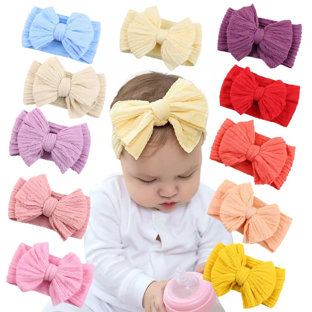 Wholesale popular soft head wrap cute bow elastic nylon baby gril bow headband baby girl swaddling