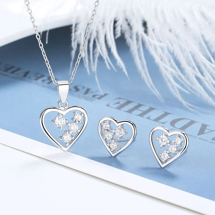 Wholesale Sterling Silver 925 Love Necklace and Earrings Set Heart Full Jewelry Set for Girls