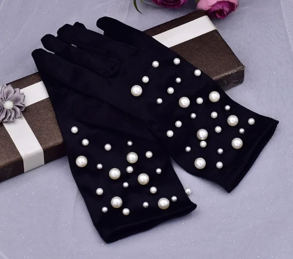 Black satin gloves girl pearl gloves bride wedding accessories